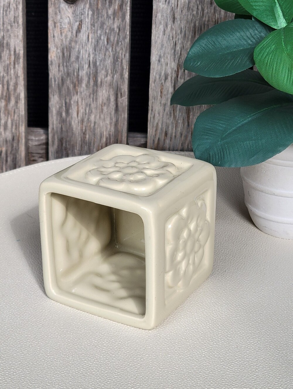 Embossed Floral Ivory Square Ceramic Container - Picture 3 of 6